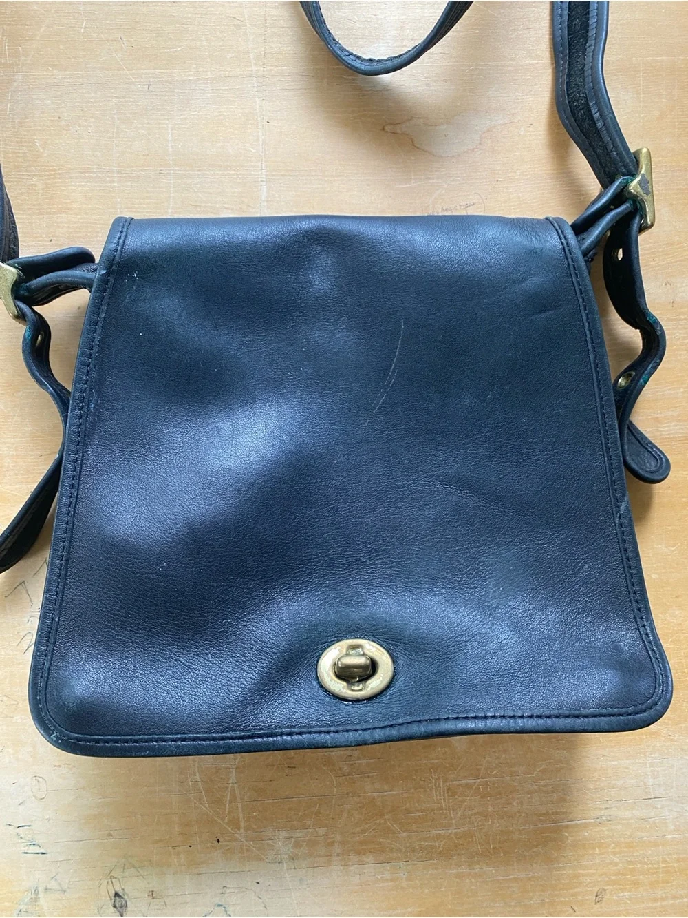 Coach Legacy Black Leather Messenger Bag 9715 with Brass-Tone Turn Lock